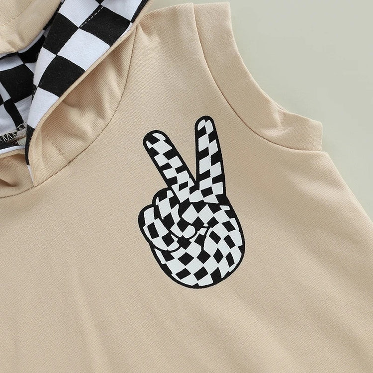 Checkered Peace Baby hooded sleeveless top & shorts outfit Hippo Boutique
