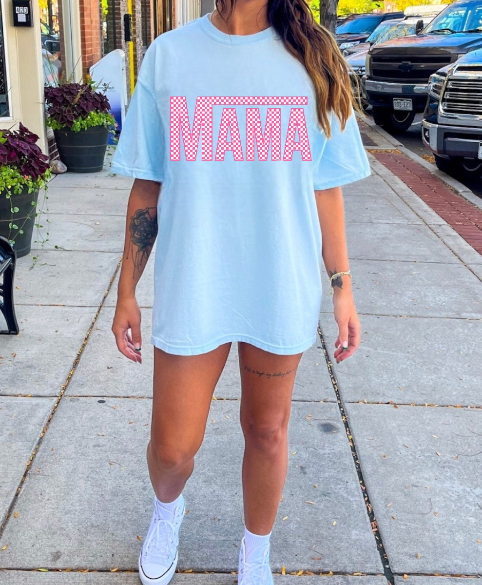 Pink Checkered Mama T-Shirts Hippo Boutique