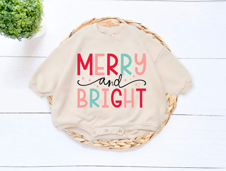 Merry and Bright Christmas baby Oversized Sweatshirt Romper Hippo Boutique