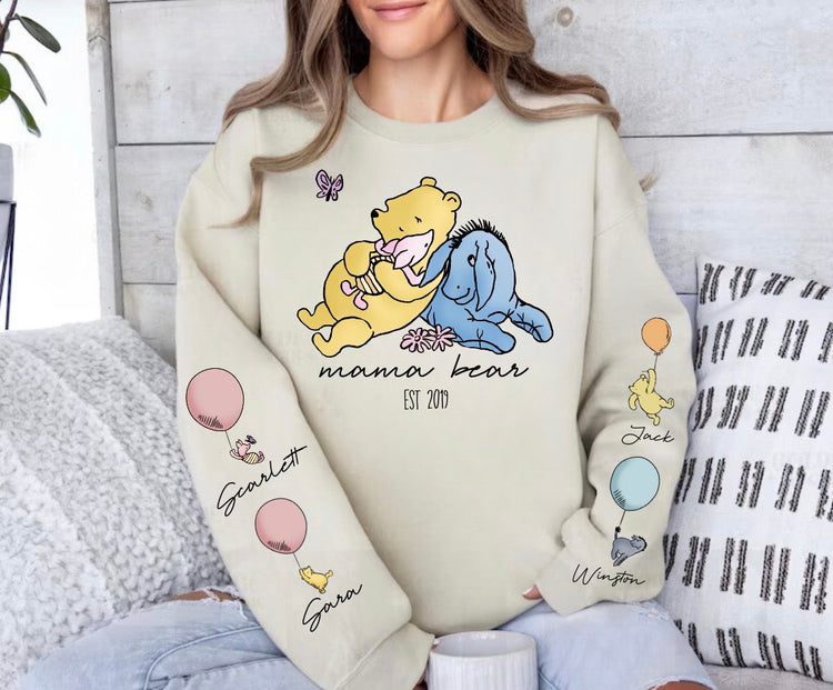 Custom Mama Bear Sweatshirt with children’s name on sleeve Hippo Boutique