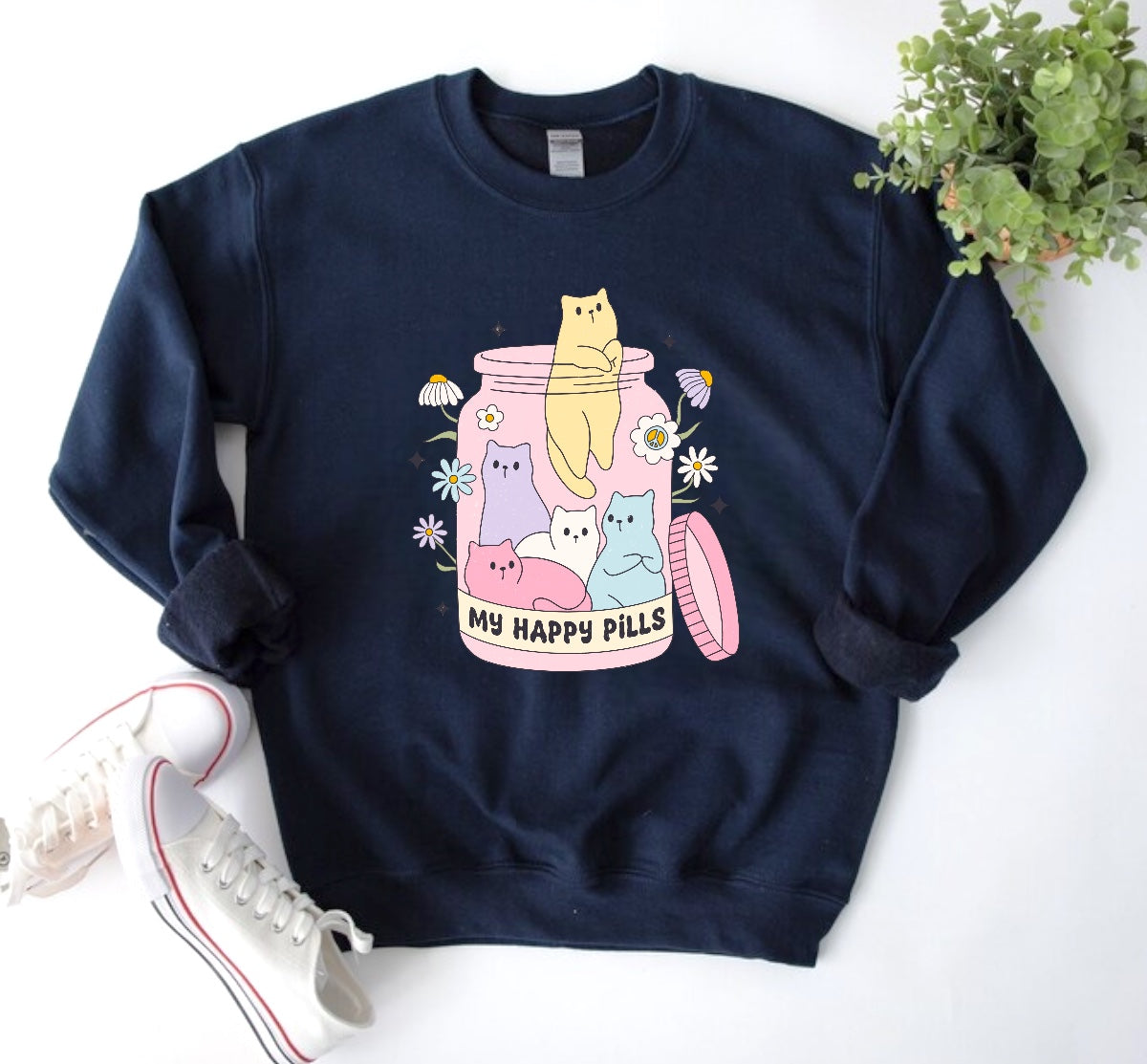 Kitty Cat Happy Pills Sweatshirts Hippo Boutique