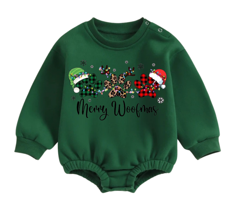Merry Woofmas fleece Baby Oversized christmas Sweatshirt Romper Hippo Boutique