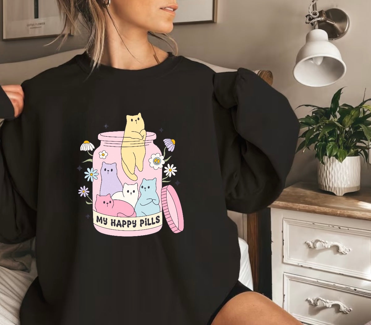 Kitty Cat Happy Pills Sweatshirts Hippo Boutique
