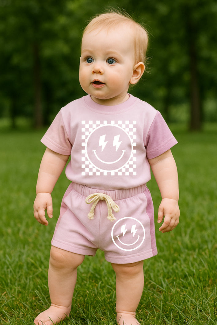 Retro Smile Baby and Kids cotton color block t-shirt & shorts outfit Hippo Boutique