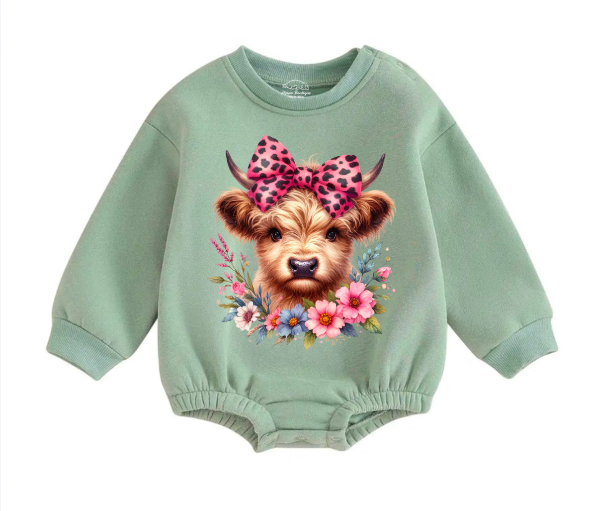 Soft warm fleece Leopard Highland Cow Oversized Sweatshirt Romper Hippo Boutique