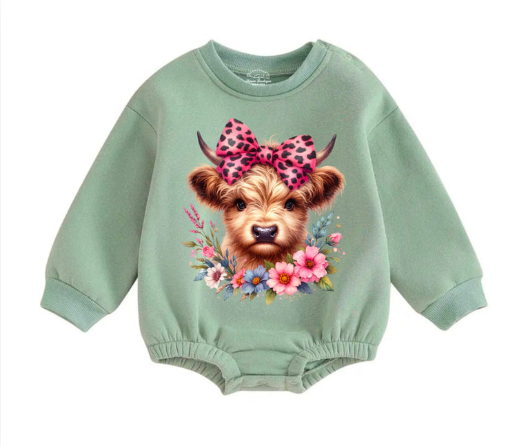 Soft warm fleece Leopard Highland Cow Oversized Sweatshirt Romper Hippo Boutique