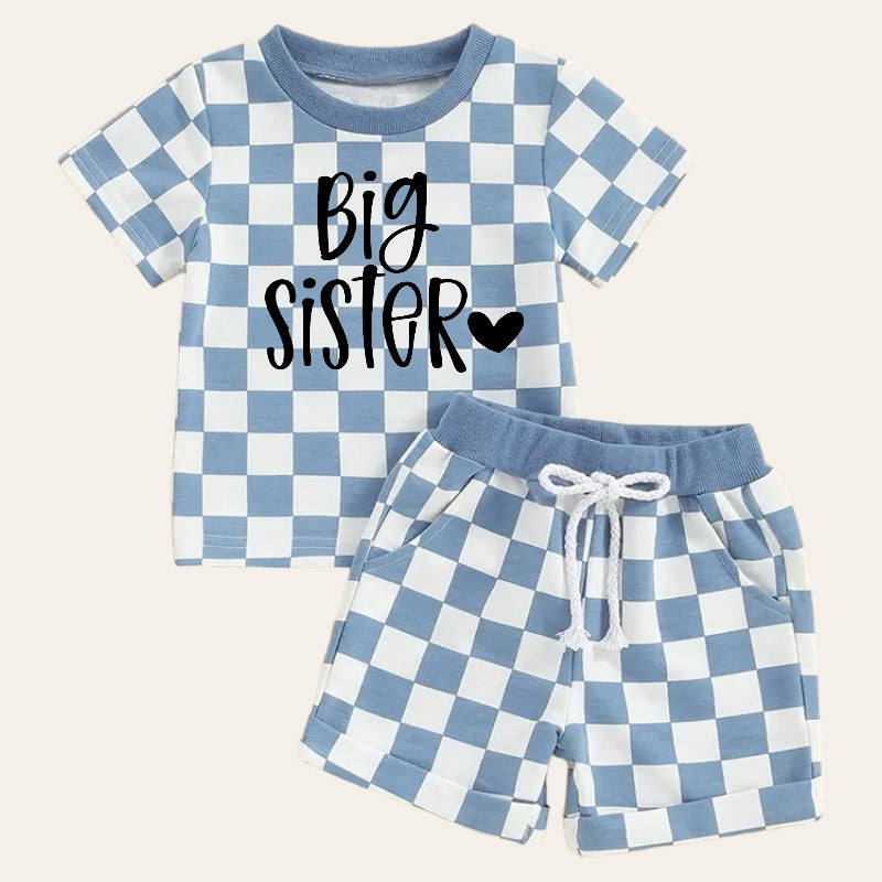 Big Sister Baby and Toddler Checkered t-shirt & shorts outfit Hippo Boutique