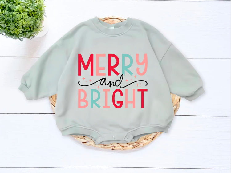Merry and Bright Christmas baby Oversized Sweatshirt Romper Hippo Boutique