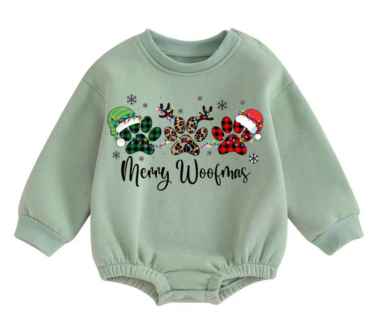 Merry Woofmas fleece Baby Oversized christmas Sweatshirt Romper Hippo Boutique