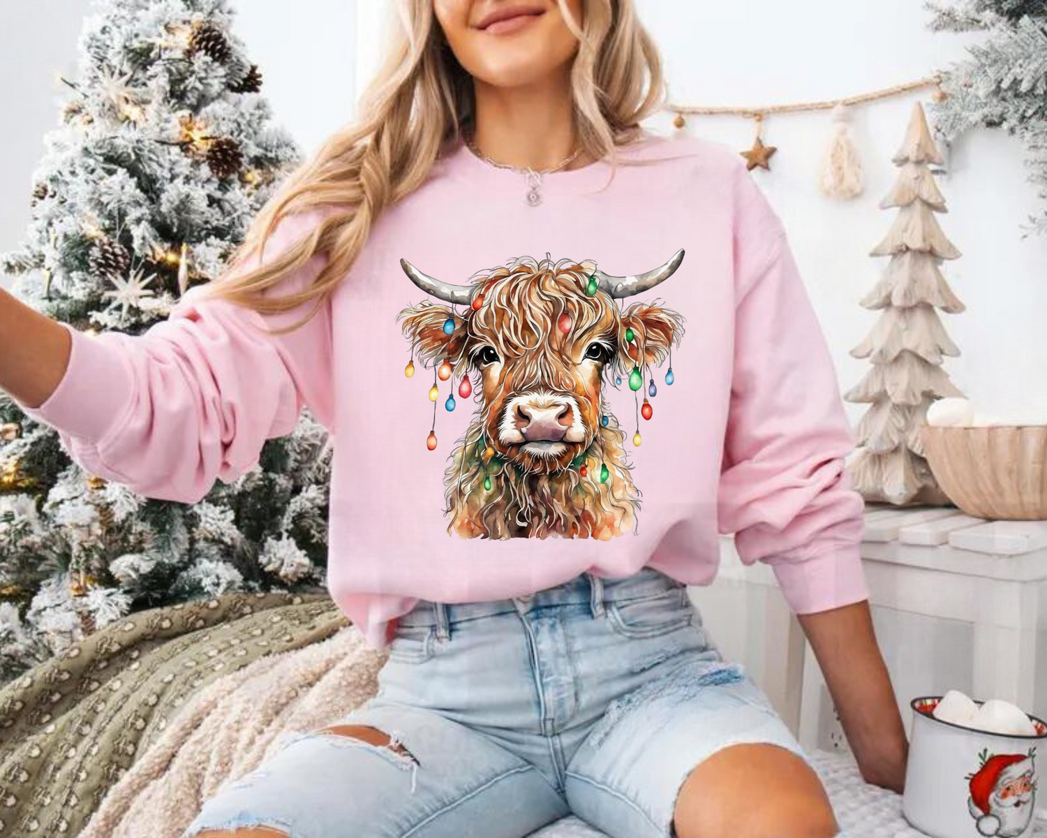 Highland Cow Lights Christmas Sweatshirts Hippo Boutique