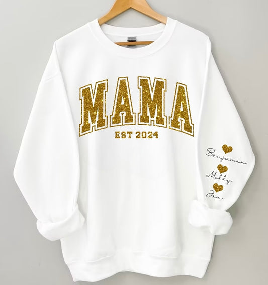 (Copy) Glitter Mama Sweatshirt with children’s name on sleeve Hippo Boutique