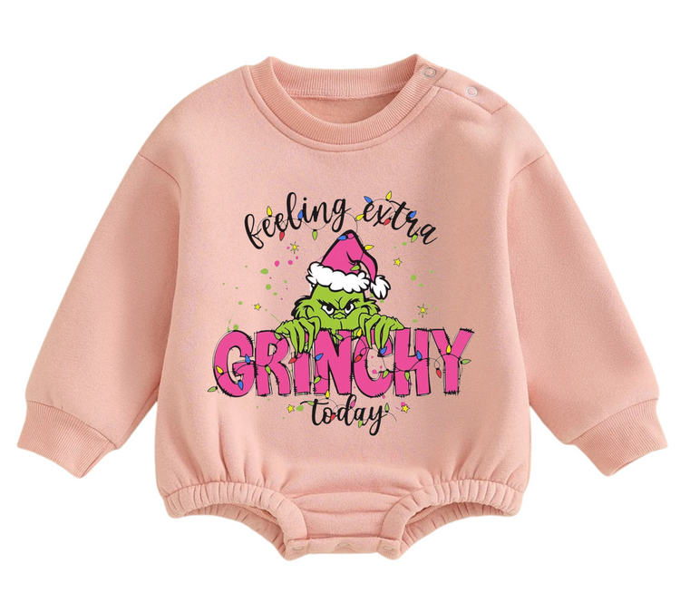 Feeling Grinchy fleece Baby Oversized christmas Sweatshirt Romper Hippo Boutique