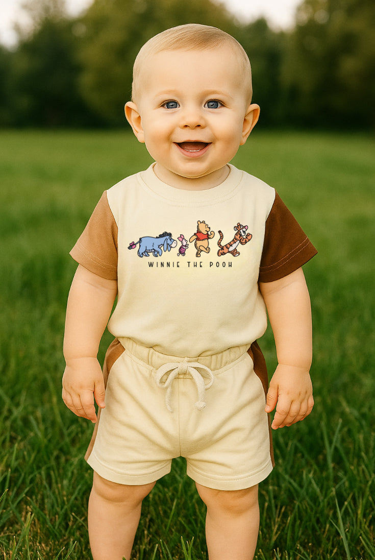 Baby and Kids cotton color block bear t-shirt & shorts outfit Hippo Boutique