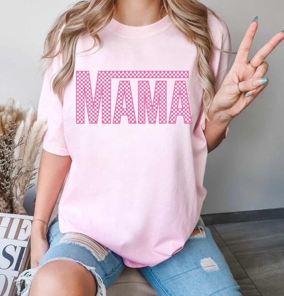 Pink Checkered Mama T-Shirts Hippo Boutique