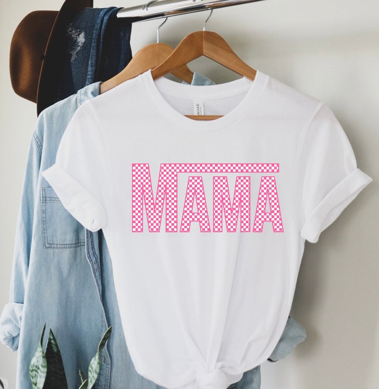 Pink Checkered Mama T-Shirts Hippo Boutique