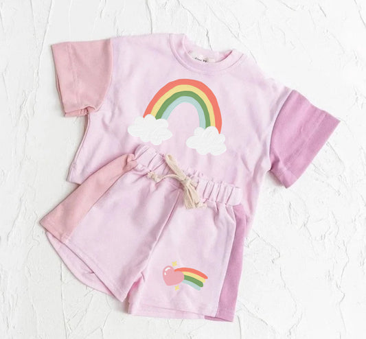 Rainbow Baby and Kids cotton color block t-shirt & shorts outfit Hippo Boutique