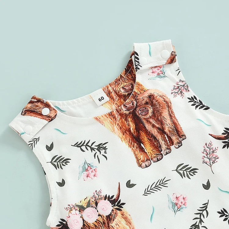 Highland Cow Print Sleeveless Baby Romper Hippo Boutique