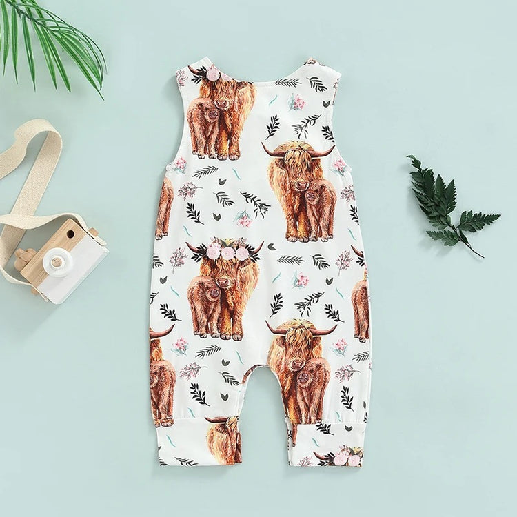Highland Cow Print Sleeveless Baby Romper Hippo Boutique