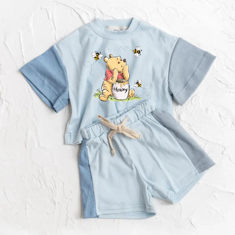 Baby and Kids cotton color block bear t-shirt & shorts outfit Hippo Boutique
