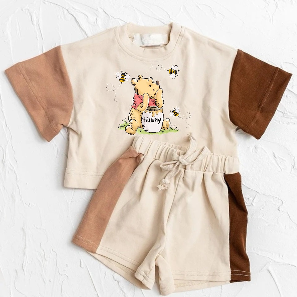 Baby and Kids cotton color block bear t-shirt & shorts outfit Hippo Boutique