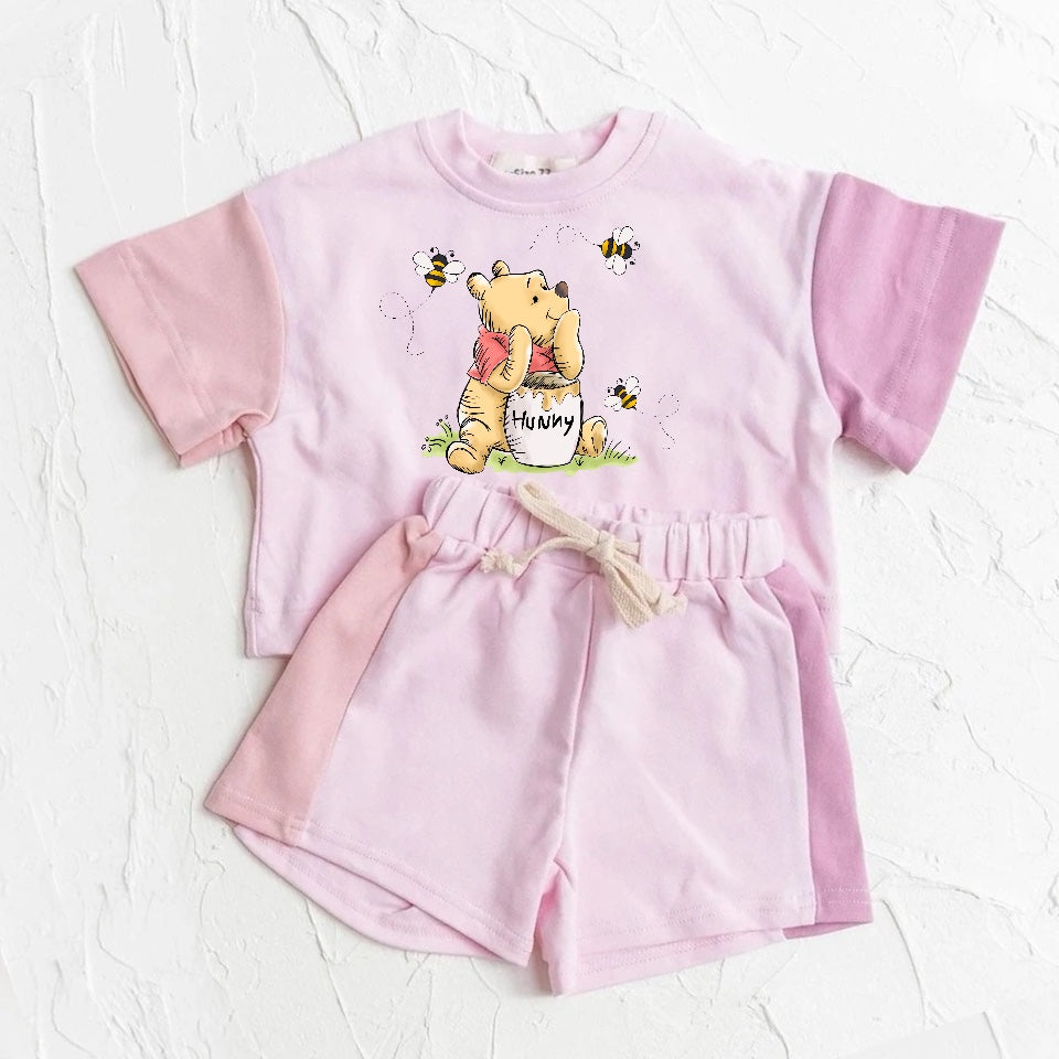 Baby and Kids cotton color block bear t-shirt & shorts outfit Hippo Boutique