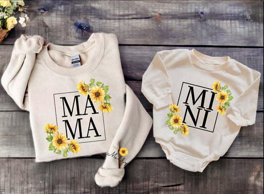 Sunflower Mama & Mini matching Baby Sweatshirt Romper bodysuit & Crewneck Hippo Boutique