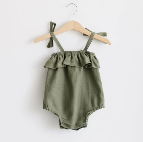 Summer Baby Girls Rompers Solid Cotton Linen Infant Romper Ruffles Slip Strap Kids Playsuit Jumpsuits Onepiece Baby Clothes
