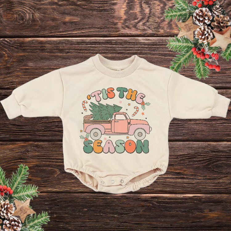 Tis The Season Retro Christmas Baby Oversized Sweatshirt Romper / baby boy / bodysuit / onesie / baby clothes / baby crew / baby girl gift