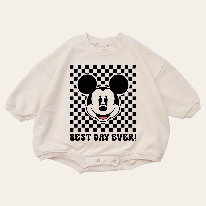 Checkered Mickey baby Oversized Sweatshirt Romper / baby clothes / baby girl boy / newborn / infant / gift / bubble onesie / shower / crew
