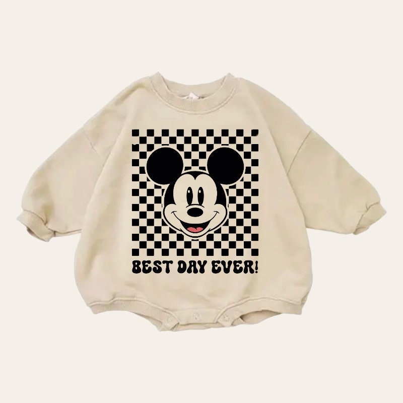 Checkered Mickey baby Oversized Sweatshirt Romper / baby clothes / baby girl boy / newborn / infant / gift / bubble onesie / shower / crew
