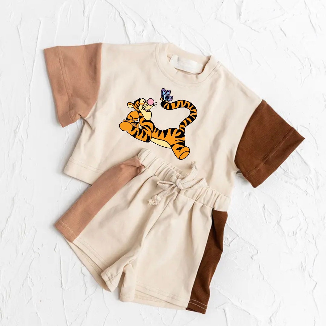 Baby and Kids cotton color block tiger t-shirt shorts outfit