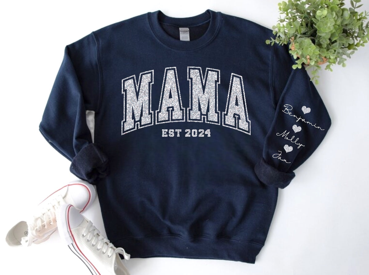 (Copy) Glitter Mama Sweatshirt with children’s name on sleeve Hippo Boutique