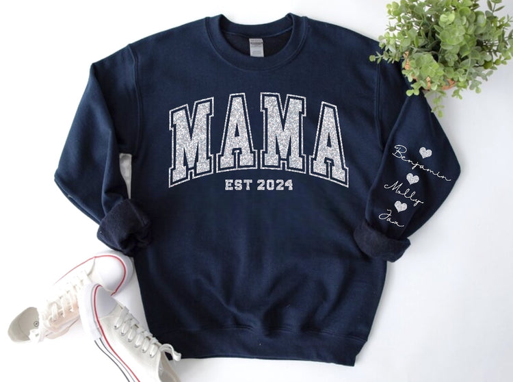 (Copy) Glitter Mama Sweatshirt with children’s name on sleeve Hippo Boutique