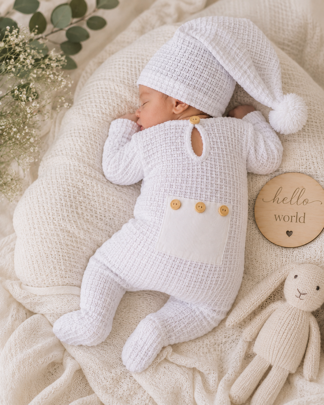 Newborn Waffle Knit Romper & Matching Pom Pom Hat Set – Baby Boy Coming Home Outfit Hippo Boutique