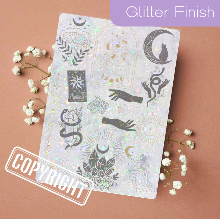 Handmade glitter-finish Kindle insert with mystical moon, celestial and floral designs on white background. - Kindle Insert - Fantasy Mystical Moon