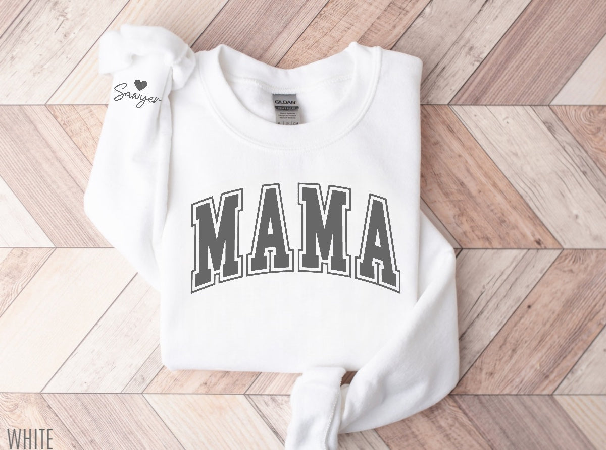 Varsity Mama Sweatshirt with children’s name on sleeve Hippo Boutique