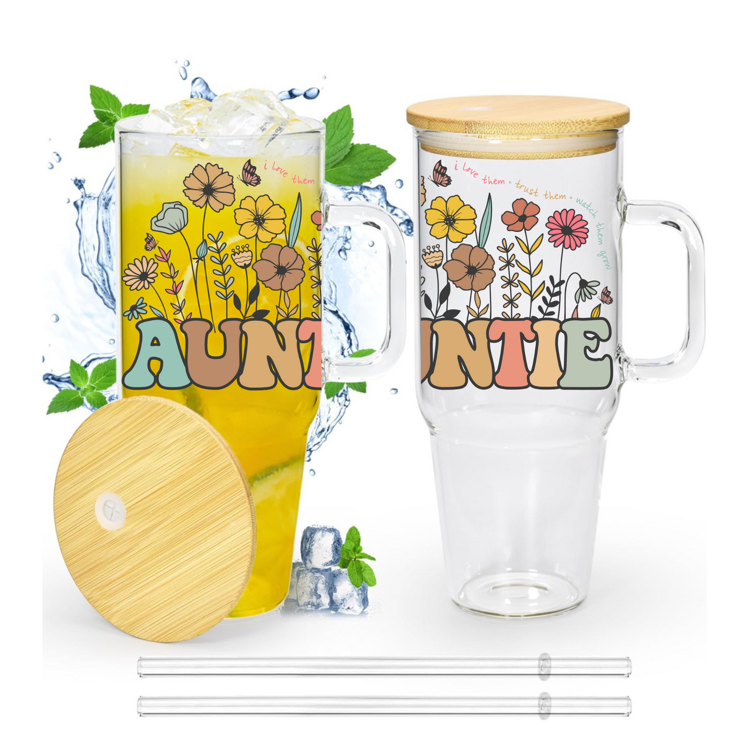 Floral Auntie Glass Tumbler Cups Hippo Boutique