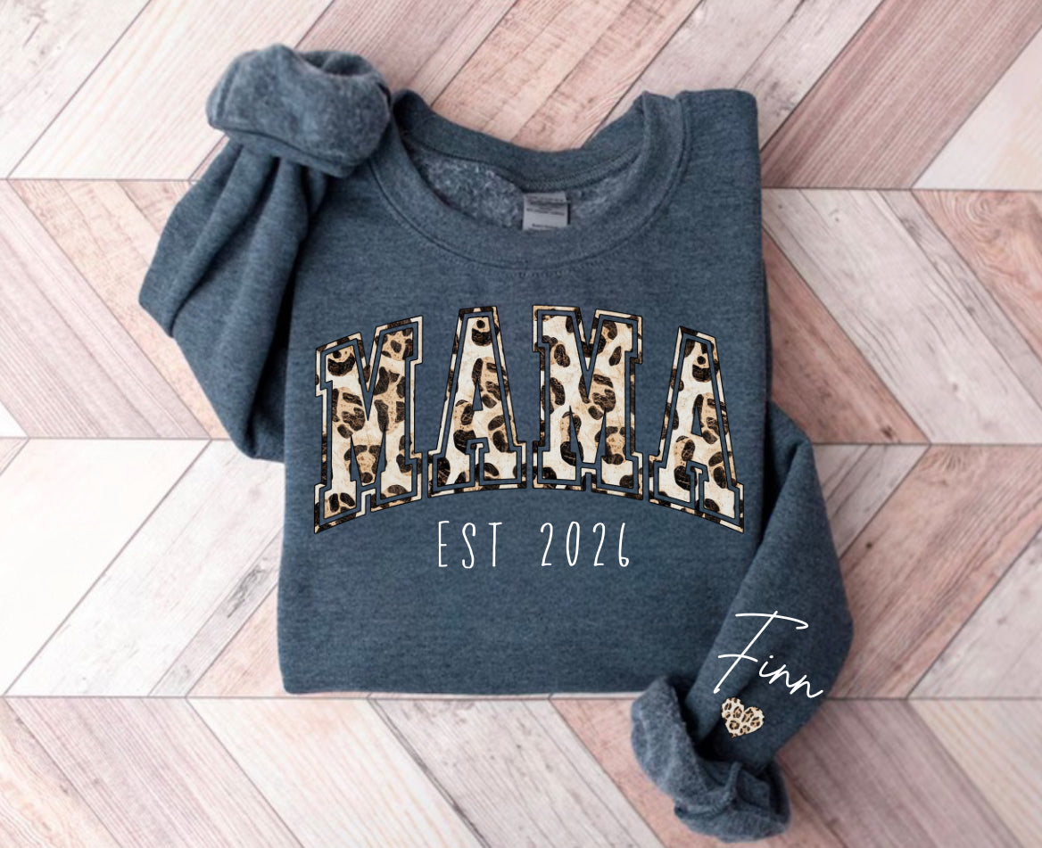 Custom Mama Leaopard Print Sweatshirt with children’s name on sleeve Hippo Boutique