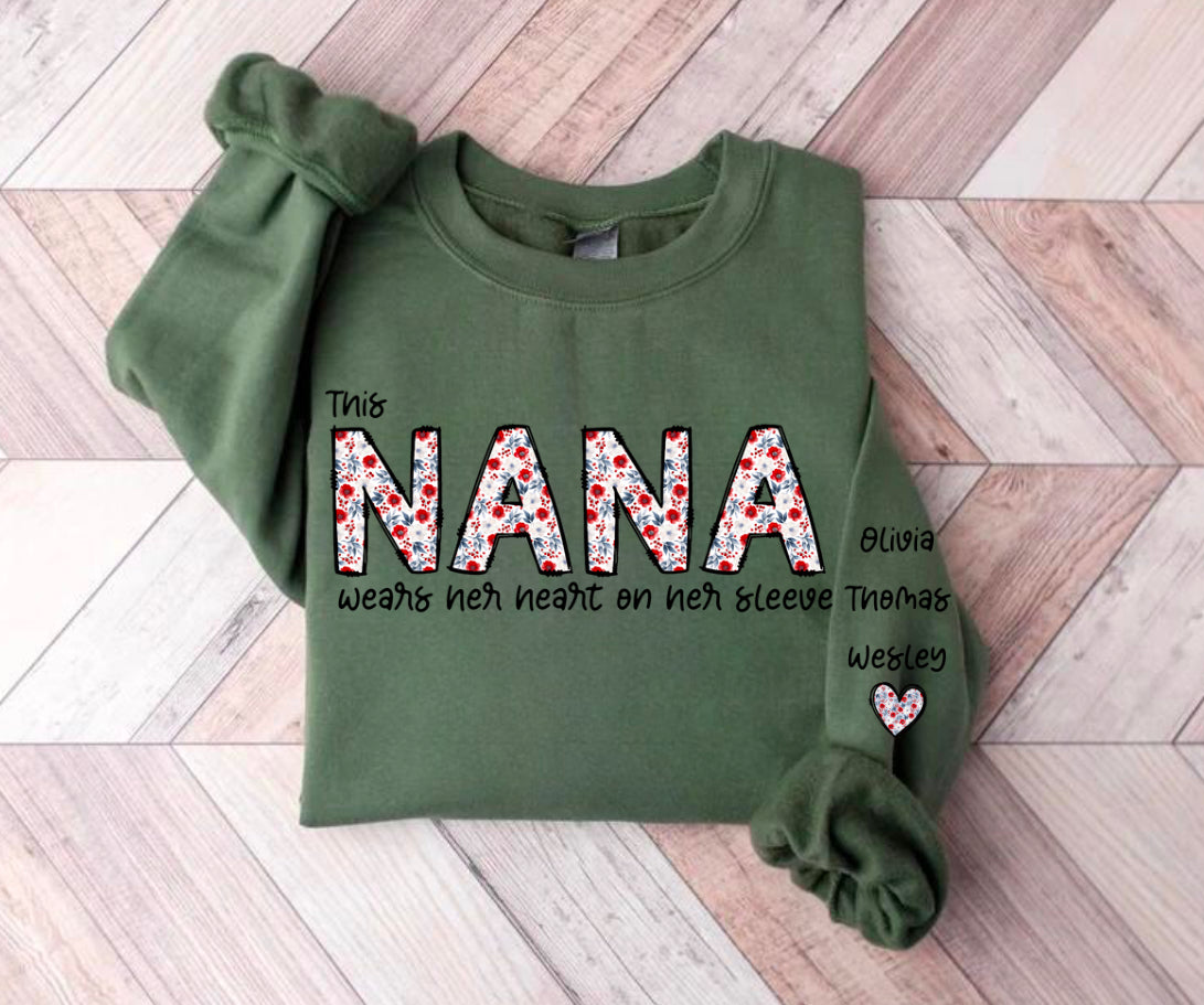 Custom Floral Nana Sweatshirt with children’s name on sleeve Hippo Boutique