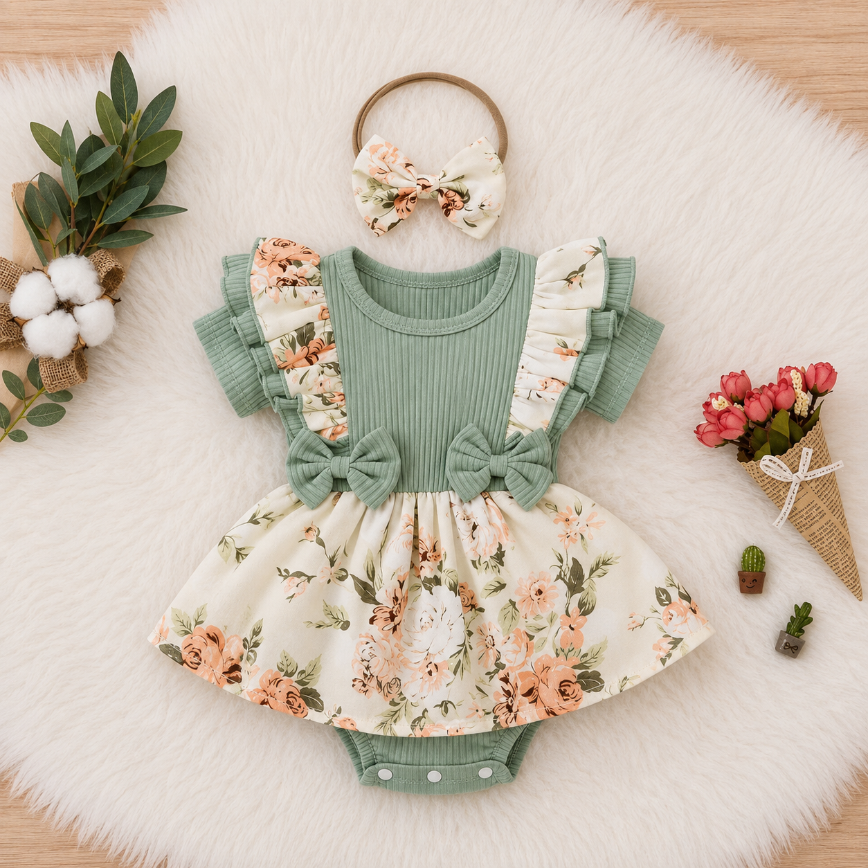 Floral Ruffle Baby Girl Romper Dress with Matching Bow Headband Hippo Boutique