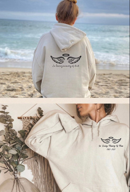 In loving memory memorial hoodie with name date and quote on sleeve and back Hippo Boutique