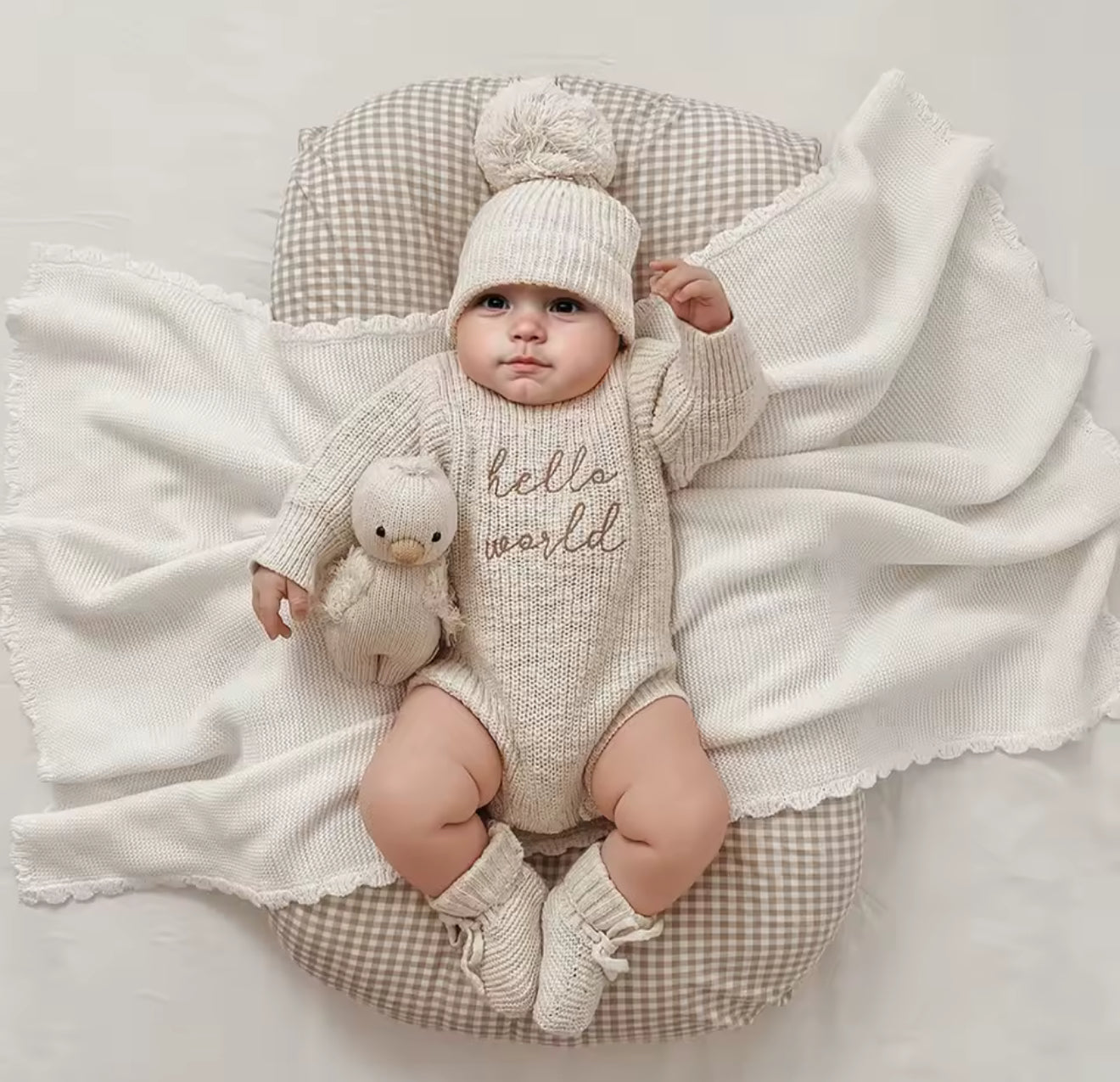 Newborn Baby Knit Bodysuit with Knitted Hat Hippo Boutique