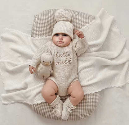 Newborn Baby Knit Bodysuit with Knitted Hat Hippo Boutique