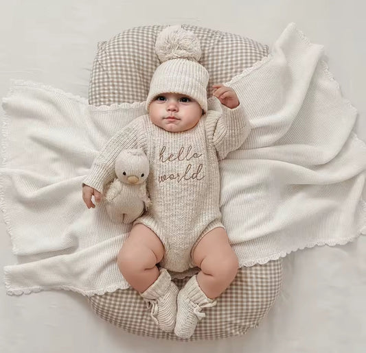 Newborn Baby Knit Bodysuit with Knitted Hat Hippo Boutique