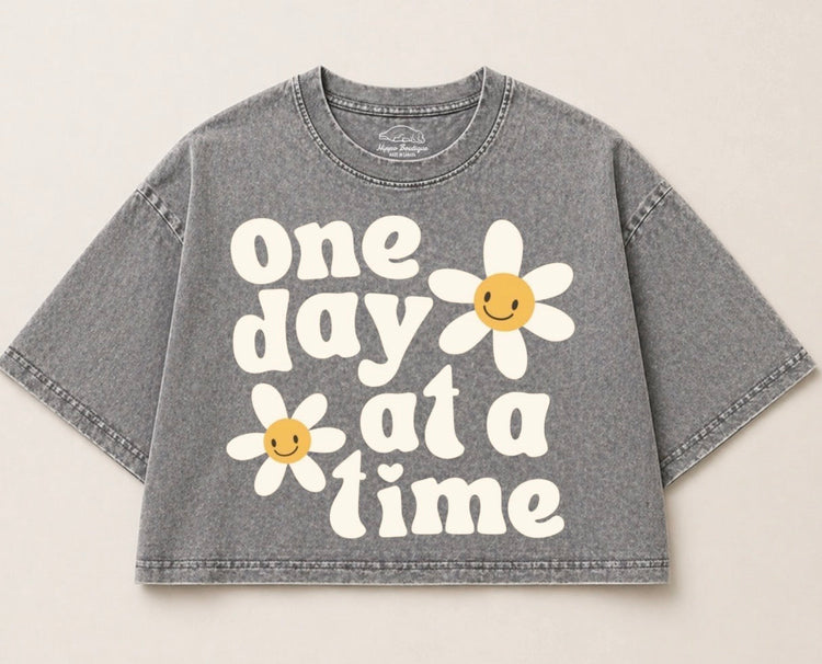 Oversized Washed Cropped T-Shirts - One Day at a time Hippo Boutique