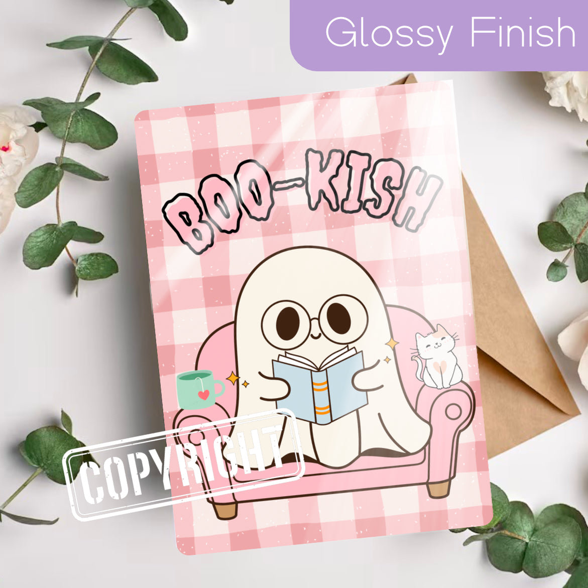 Pink gingham Kindle insert with a cute ghost reading on a sofa, glossy finish, handmade style. - Kindle Insert - Ghost Bookish