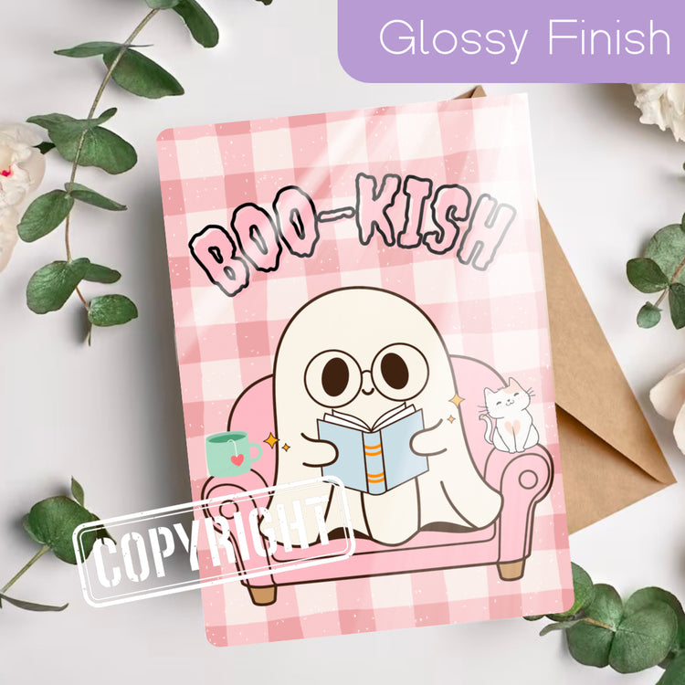 Pink gingham Kindle insert with a cute ghost reading on a sofa, glossy finish, handmade style. - Kindle Insert - Ghost Bookish