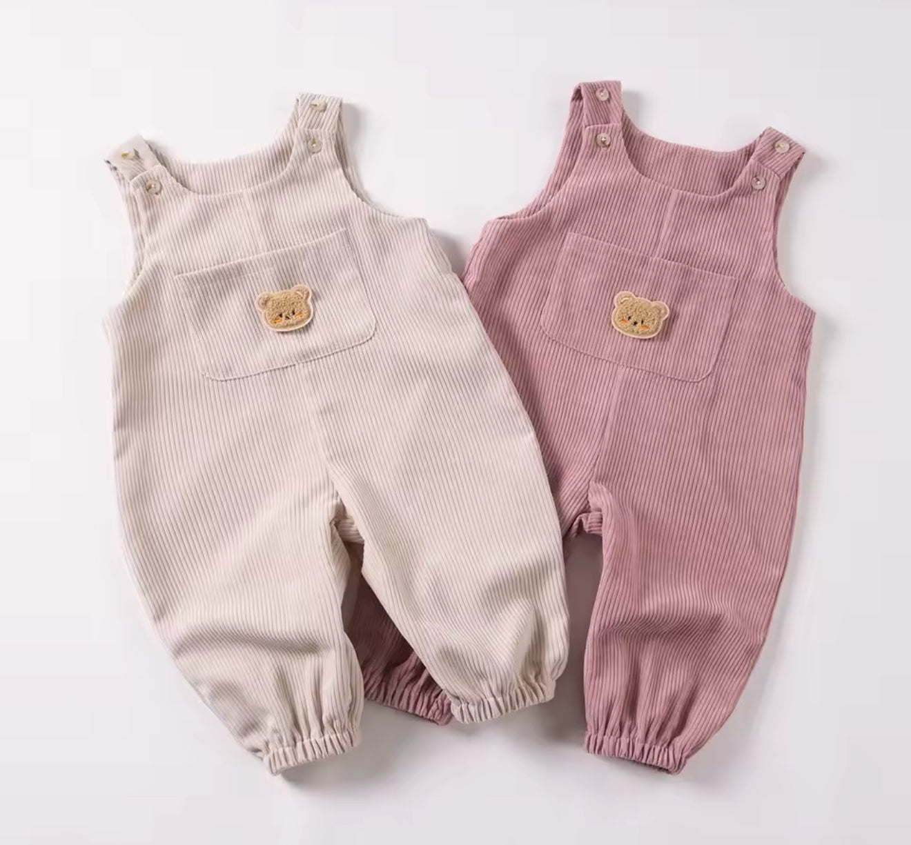 Summer Baby Bear Graphic Denim Bib Overalls with Pocket Patchwork Corduroy Bodysuit Casual Romper for Toddler Infant Boys Girls