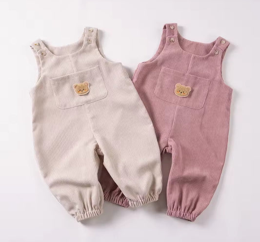 Summer Baby Bear Graphic Denim Bib Overalls with Pocket Patchwork Corduroy Bodysuit Casual Romper for Toddler Infant Boys Girls