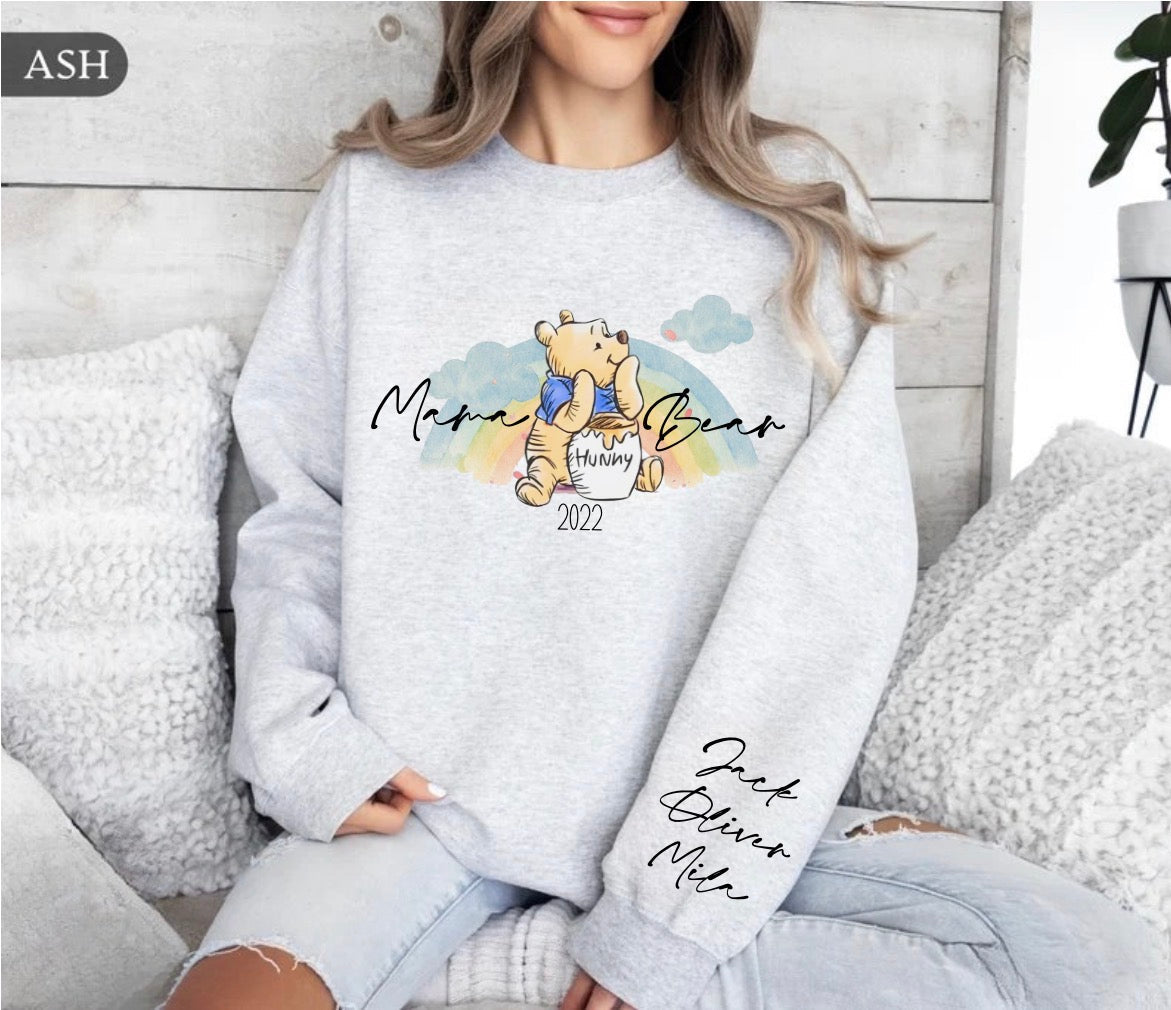 Custom Mama Bear Sweatshirt with children’s name on sleeve Hippo Boutique